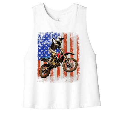 Dirt Bike American Flag Motocross Biker 4th Of July Mens Women's Racerback Cropped Tank