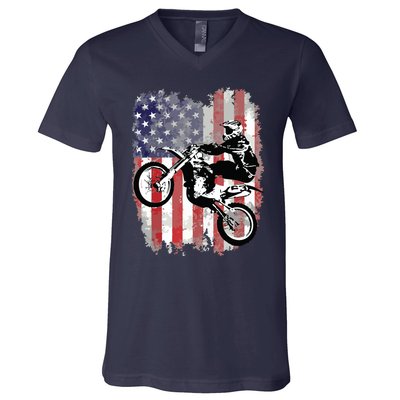 Dirt Bike American Flag Motocross Biker 4th Of July V-Neck T-Shirt