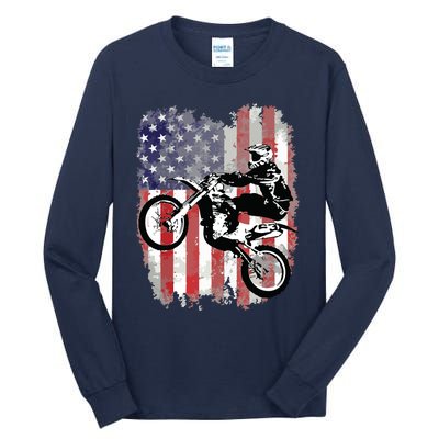 Dirt Bike American Flag Motocross Biker 4th Of July Tall Long Sleeve T-Shirt