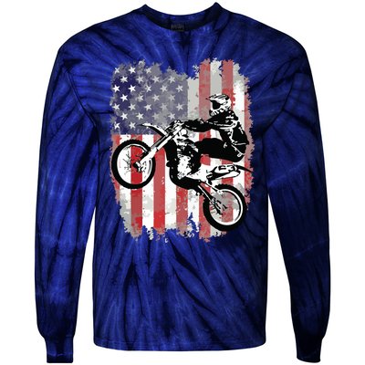 Dirt Bike American Flag Motocross Biker 4th Of July Tie-Dye Long Sleeve Shirt