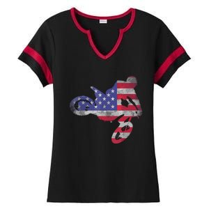 Dirt Bike American Flag Motocross Ladies Halftime Notch Neck Tee