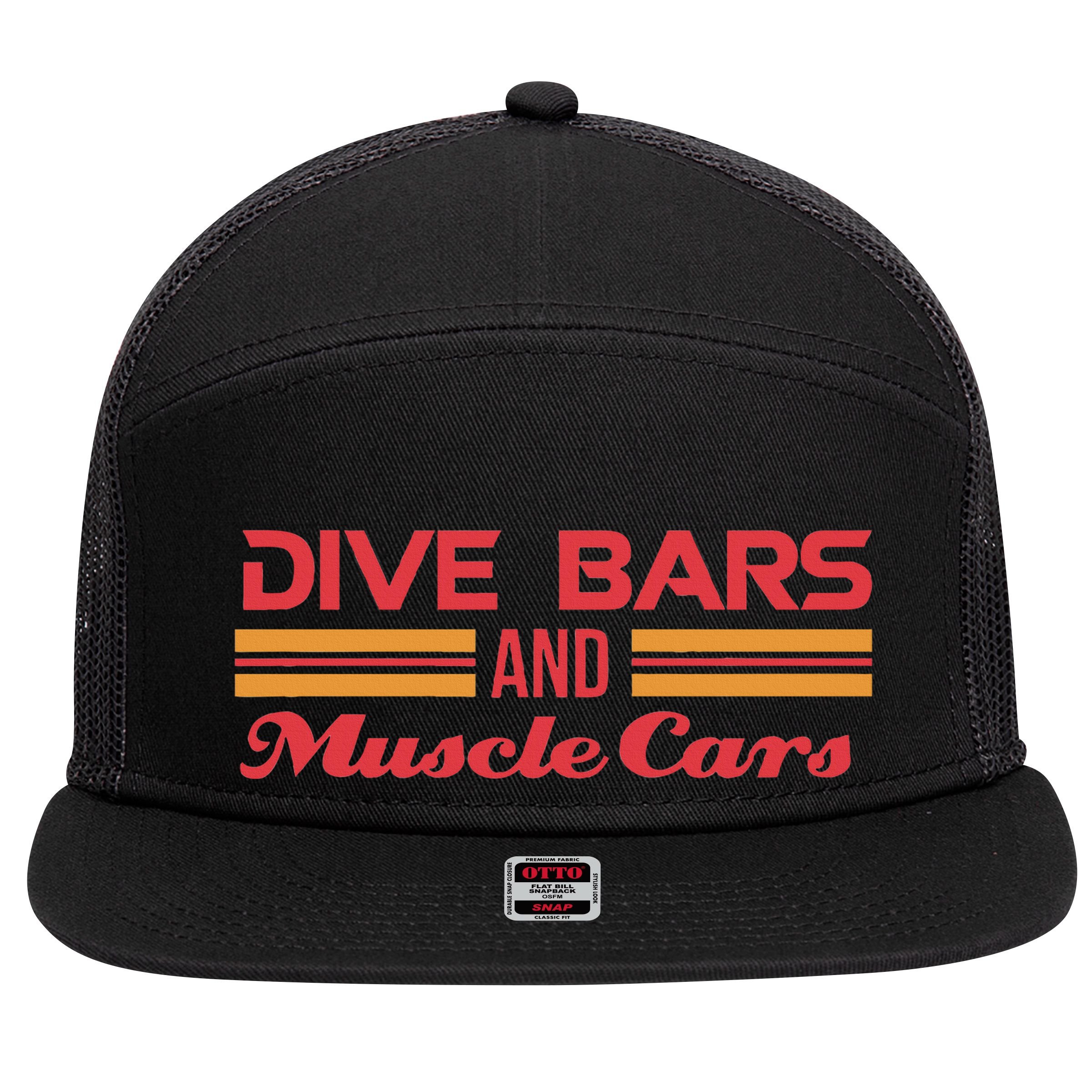 Dive Bars And Muscle Cars Muscle Car 7 Panel Mesh Trucker Snapback Hat