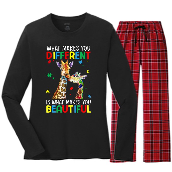 Different Beautiful Autism Awareness Puzzle Piece Giraffe Women's Long Sleeve Flannel Pajama Set 