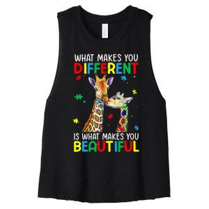 Different Beautiful Autism Awareness Puzzle Piece Giraffe Women's Racerback Cropped Tank