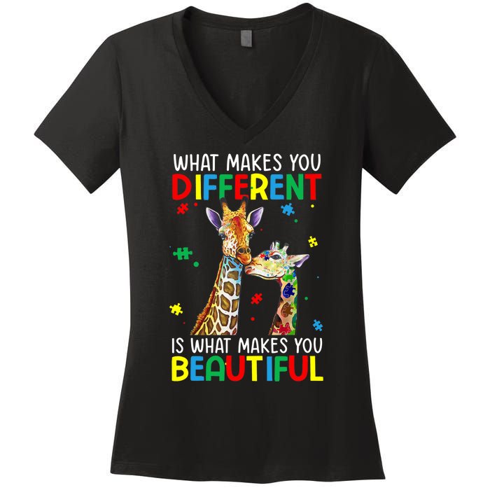 Different Beautiful Autism Awareness Puzzle Piece Giraffe Women's V-Neck T-Shirt