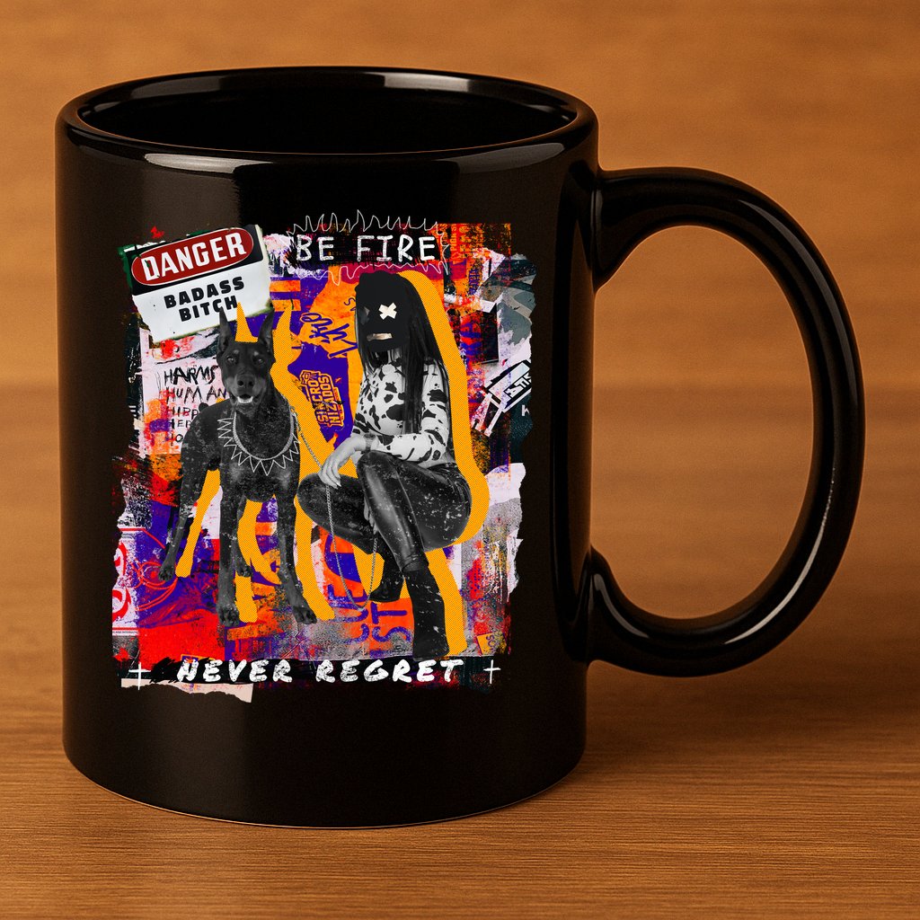 Danger Badass Bitch Never Regret Punk Goth Lady With Dog 11oz C Handle Ceramic Mug