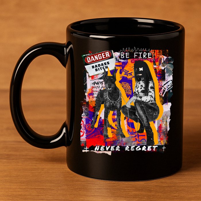 Danger Badass Bitch Never Regret Punk Goth Lady With Dog 11oz C Handle Ceramic Mug
