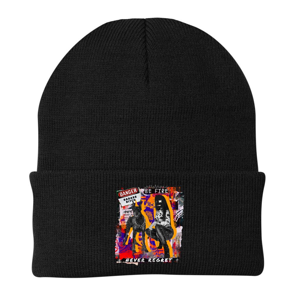 Danger Badass Bitch Never Regret Punk Goth Lady With Dog Beanie