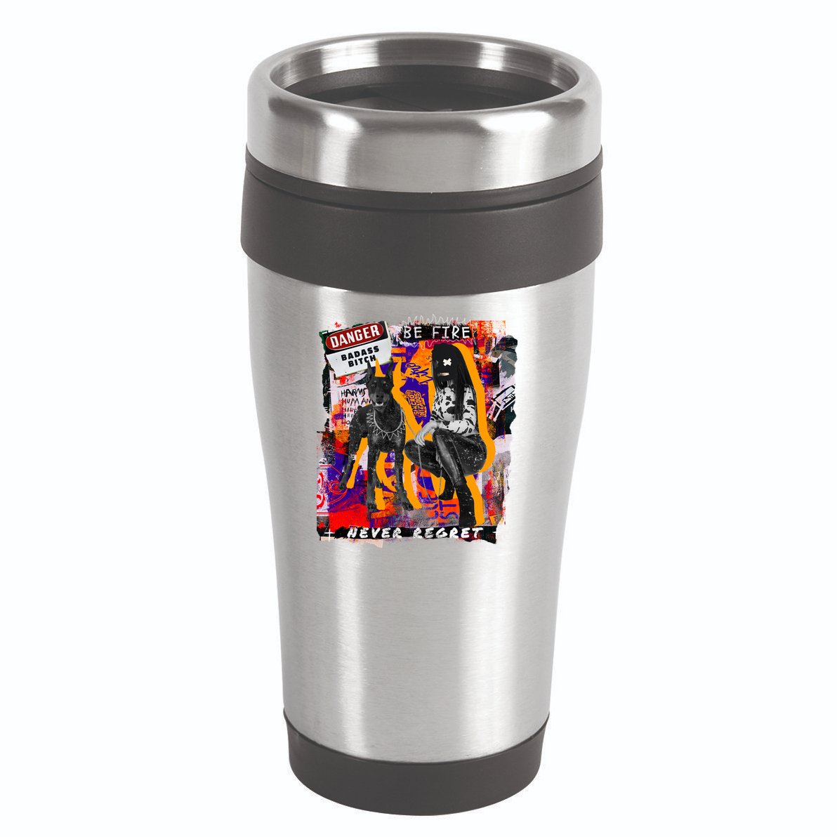 Danger Badass Bitch Never Regret Punk Goth Lady With Dog 16oz Travel Tumbler