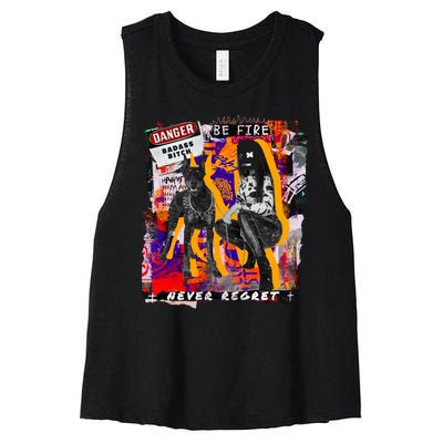 Danger Badass Bitch Never Regret Punk Goth Lady With Dog Women's Racerback Cropped Tank