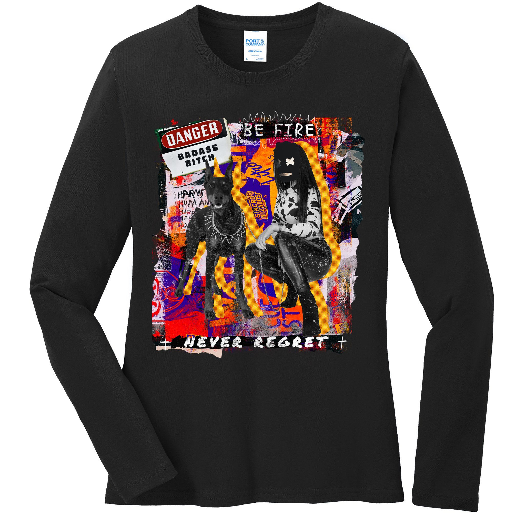 Danger Badass Bitch Never Regret Punk Goth Lady With Dog Ladies Long Sleeve Shirt