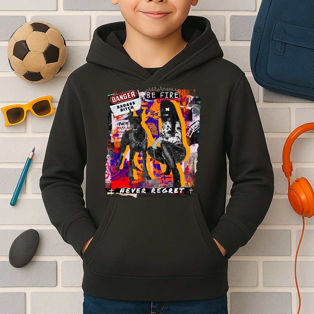 Danger Badass Bitch Never Regret Punk Goth Lady With Dog Kids Hoodie