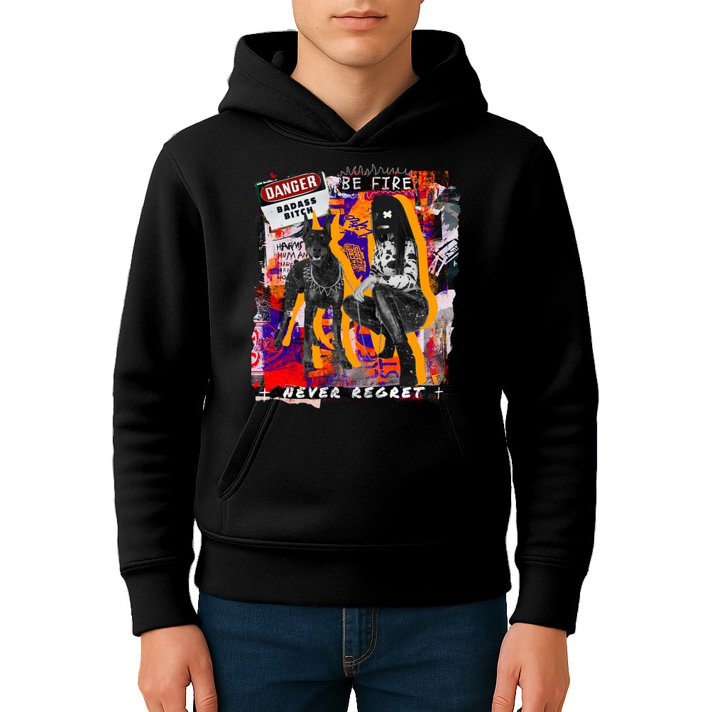 Danger Badass Bitch Never Regret Punk Goth Lady With Dog Kids Hoodie