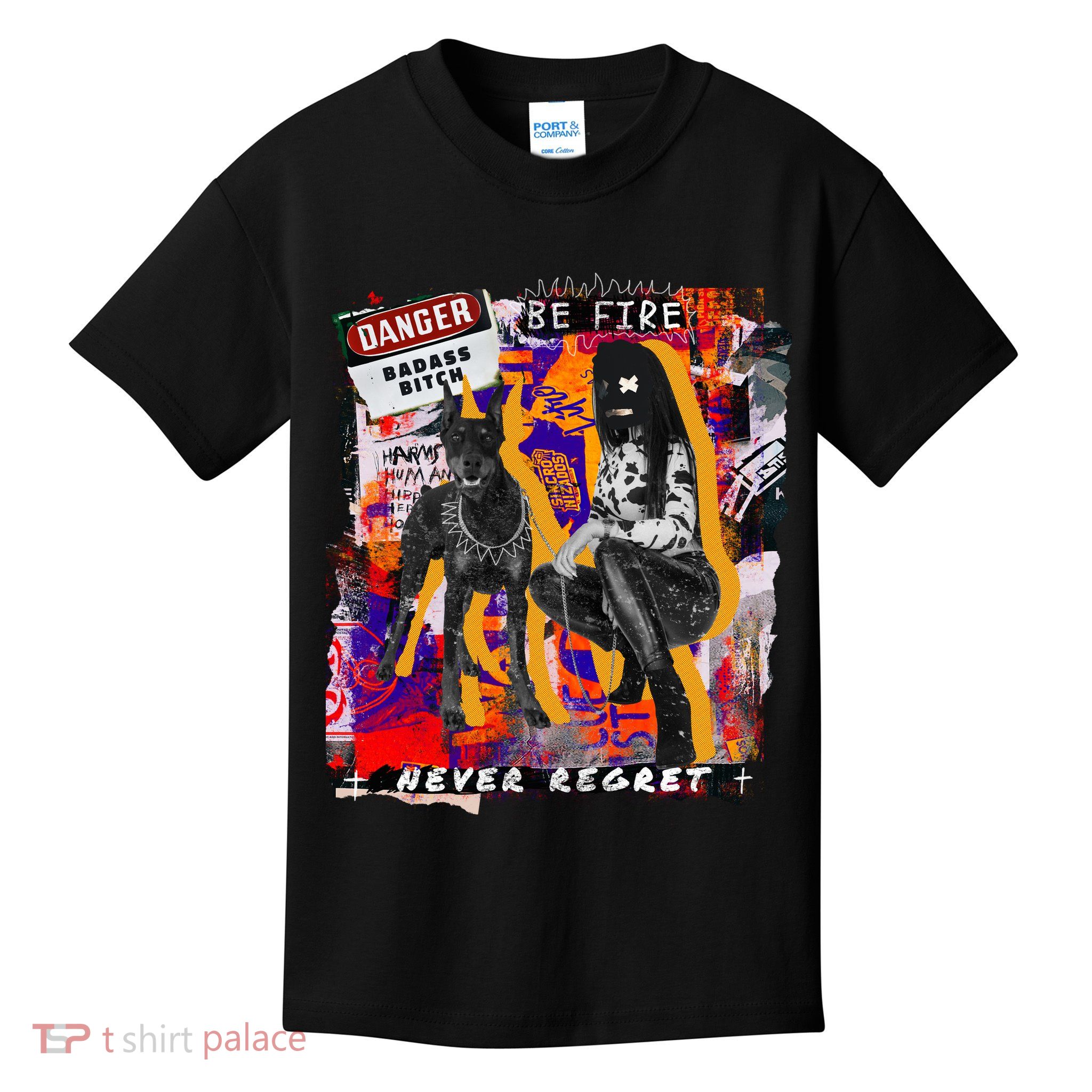 Danger Badass Bitch Never Regret Punk Goth Lady With Dog Kids T-Shirt