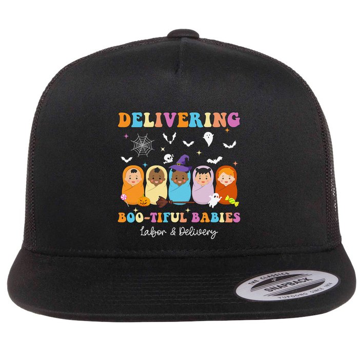 Delivering Bootiful Babies Halloween Labor & Delivery Nurse Flat Bill Trucker Hat