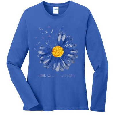 Daisy Butterfly Blue Ribbon Colon Cancer Awareness Cool Gift Ladies Long Sleeve Shirt