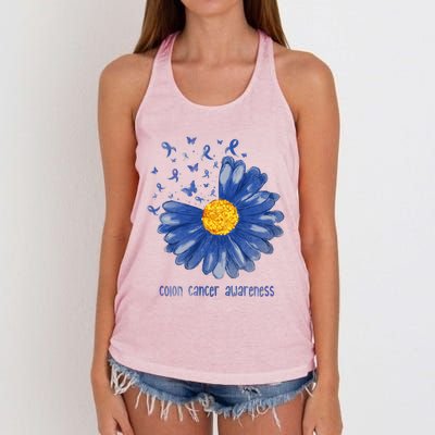 Daisy Butterfly Blue Ribbon Colon Cancer Awareness Cool Gift Women's Knotted Racerback Tank