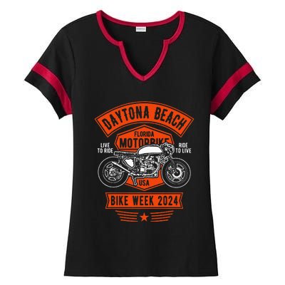 Daytona Beach Bike Week 2024 Retro Motorcycle Ladies Halftime Notch Neck Tee