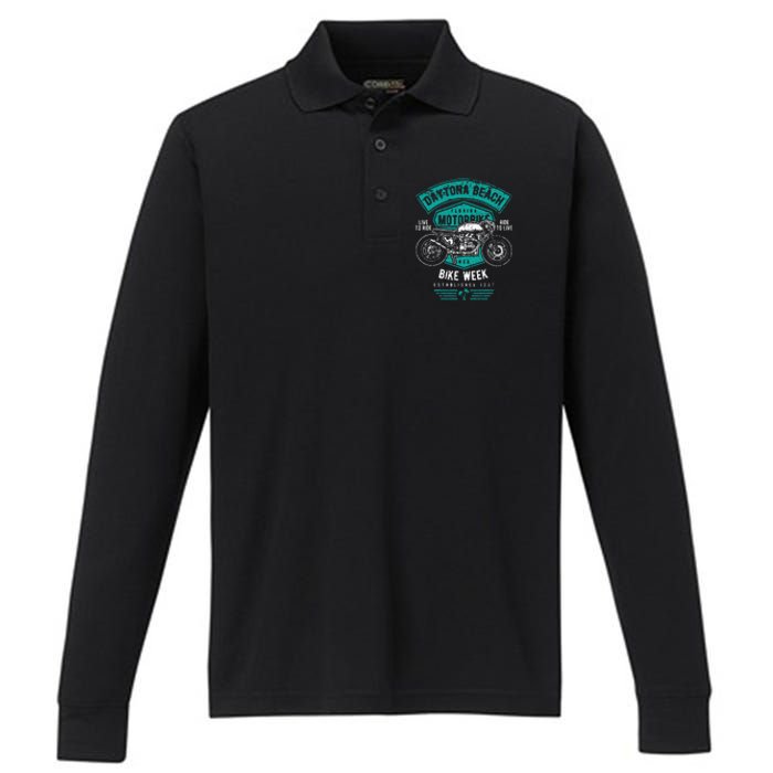 Daytona Beach Bike Week Retro Distressed Motorcycle Performance Long Sleeve Polo