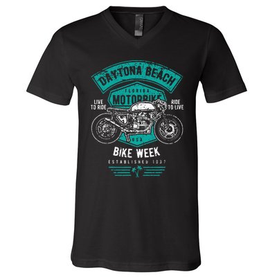 Daytona Beach Bike Week Retro Distressed Motorcycle V-Neck T-Shirt