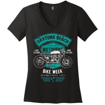 Daytona Beach Bike Week Retro Distressed Motorcycle Women's V-Neck T-Shirt