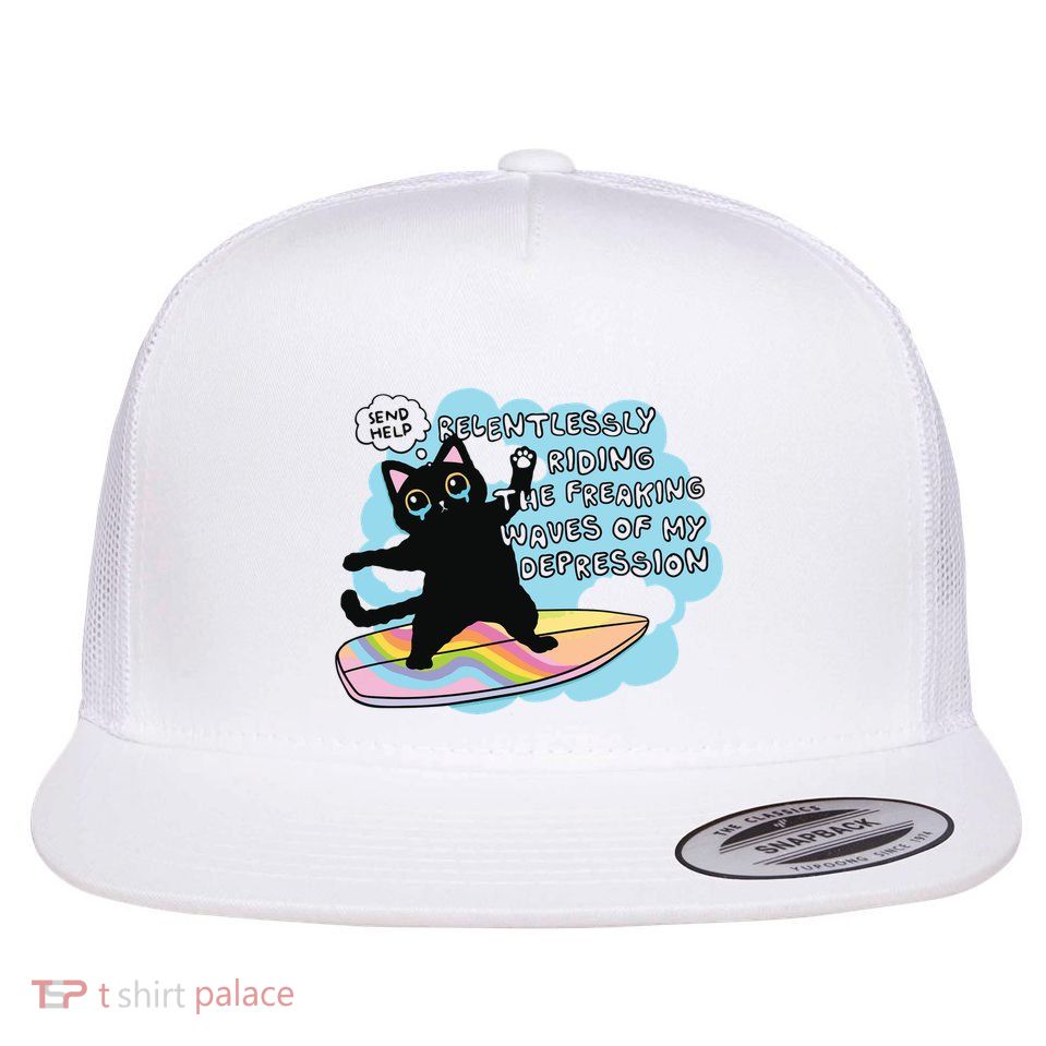 Depressed Black Cat Flat Bill Trucker Hat