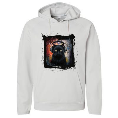 Dj Black Cat Graphic Feline Music Fun Style Performance Fleece Hoodie