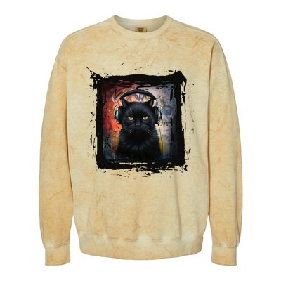 Dj Black Cat Graphic Feline Music Fun Style Colorblast Crewneck Sweatshirt