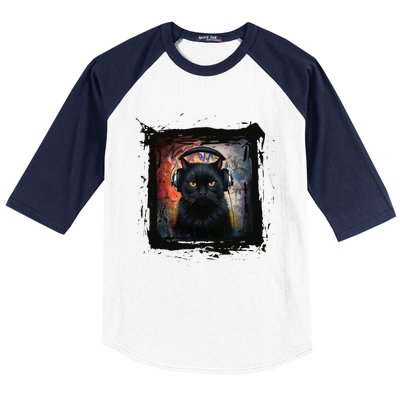 Dj Black Cat Graphic Feline Music Fun Style Baseball Sleeve Shirt