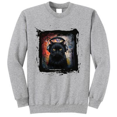 Dj Black Cat Graphic Feline Music Fun Style Tall Sweatshirt