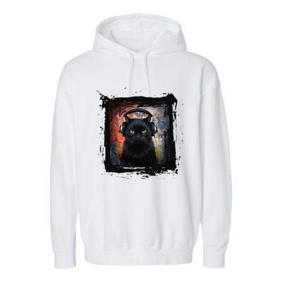 Dj Black Cat Graphic Feline Music Fun Style Garment-Dyed Fleece Hoodie