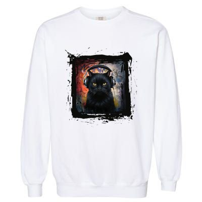 Dj Black Cat Graphic Feline Music Fun Style Garment-Dyed Sweatshirt