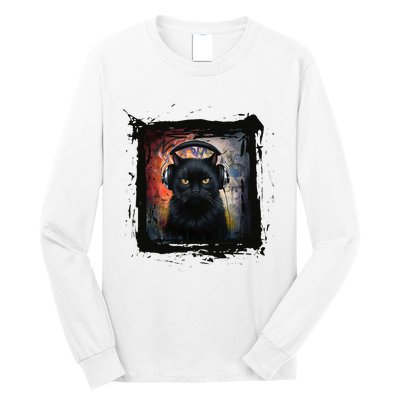 Dj Black Cat Graphic Feline Music Fun Style Long Sleeve Shirt