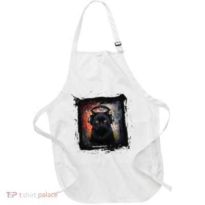 Dj Black Cat Graphic Feline Music Fun Style Full-Length Apron With Pockets