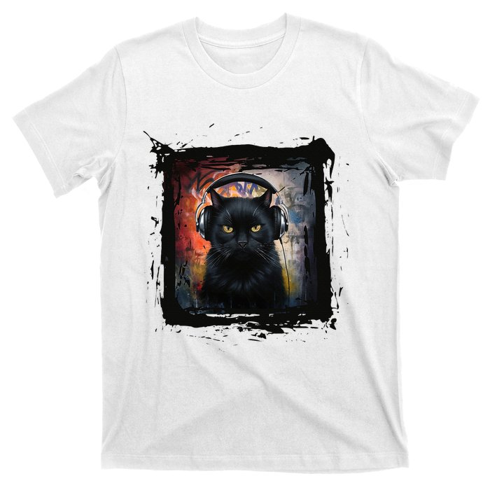 Dj Black Cat Graphic Feline Music Fun Style T-Shirt