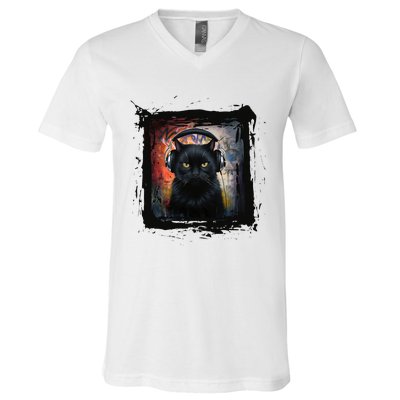 Dj Black Cat Graphic Feline Music Fun Style V-Neck T-Shirt