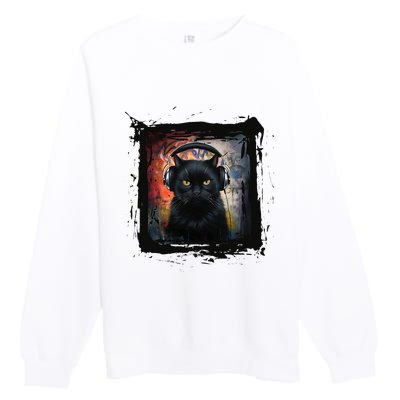 Dj Black Cat Graphic Feline Music Fun Style Premium Crewneck Sweatshirt