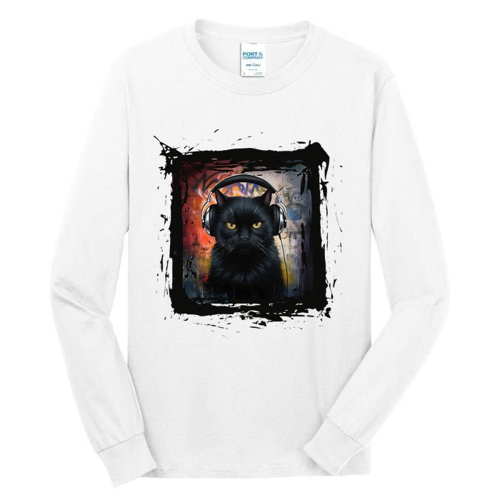 Dj Black Cat Graphic Feline Music Fun Style Tall Long Sleeve T-Shirt