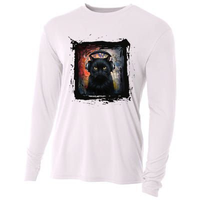 Dj Black Cat Graphic Feline Music Fun Style Cooling Performance Long Sleeve Crew