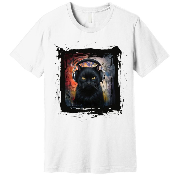 Dj Black Cat Graphic Feline Music Fun Style Premium T-Shirt