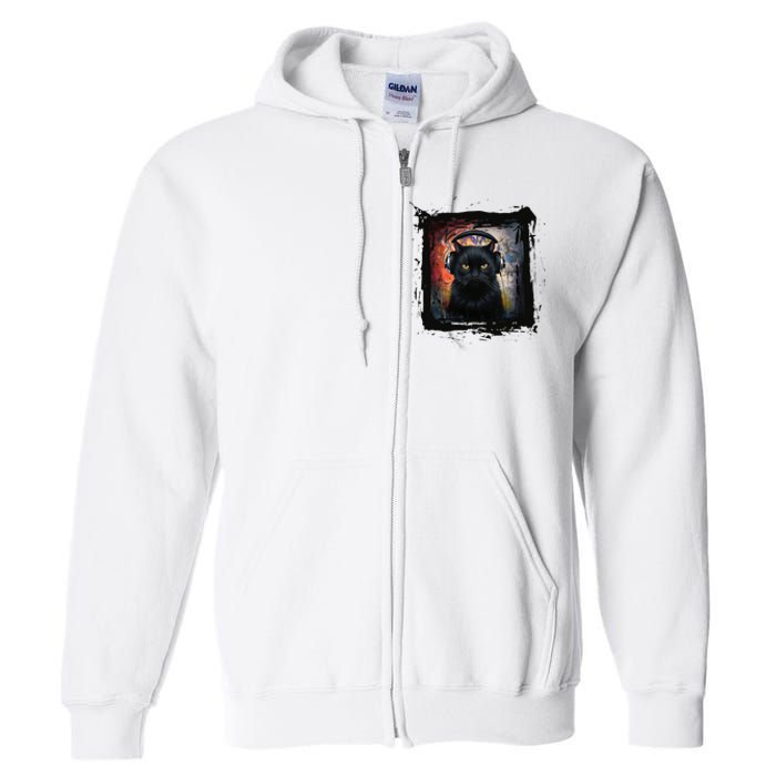 Dj Black Cat Graphic Feline Music Fun Style Full Zip Hoodie