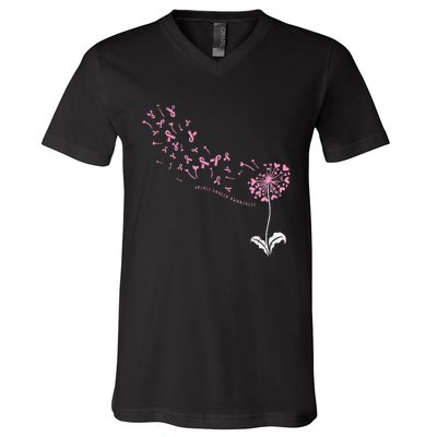 Dandelion Breast Cancer Awareness Pink Ribbon Support Gift V-Neck T-Shirt