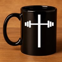 Dumbbell Barbell Cross Christian Gym Workout Lifting 11oz C Handle Ceramic Mug
