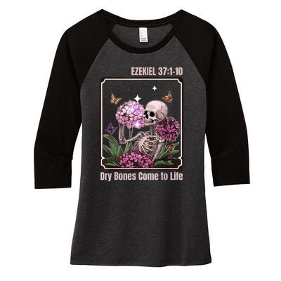 Dry Bone Come To Life Skeleton Floral Women's Tri-Blend 3/4-Sleeve Raglan Shirt