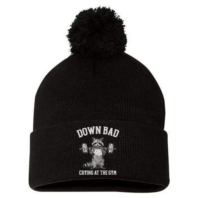 Down Bad Crying At The Gym Racoon Meme Pom Pom 12in Knit Beanie