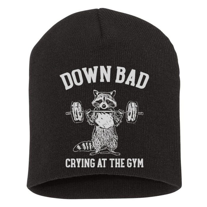 Down Bad Crying At The Gym Racoon Meme Short Acrylic Beanie