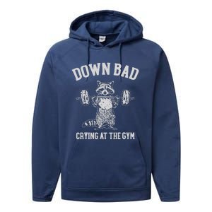 Down Bad Crying At The Gym Racoon Meme Performance Fleece Hoodie