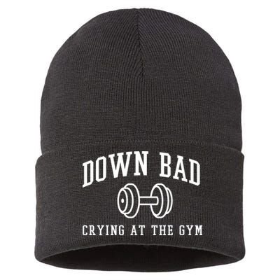 Down Bad Crying At The Gym Funny Sustainable Knit Beanie