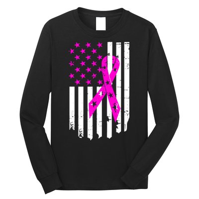 Distressed Breast Cancer Awareness Flag Long Sleeve Shirt