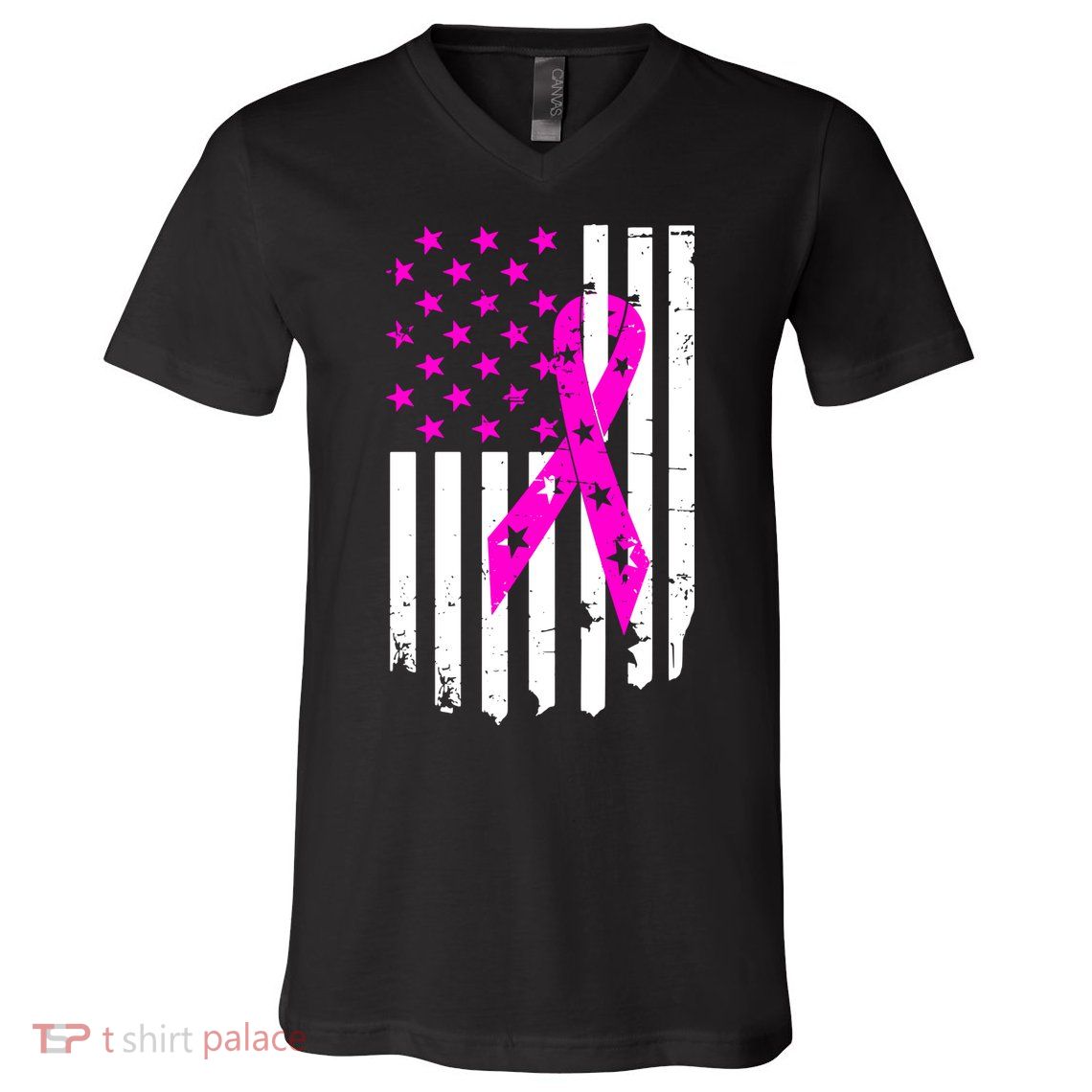 Distressed Breast Cancer Awareness Flag V-Neck T-Shirt